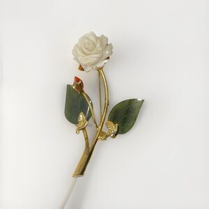 Vintage Rose Flower Brooch Carved White Rose Green Leaves Gold Tone Pin